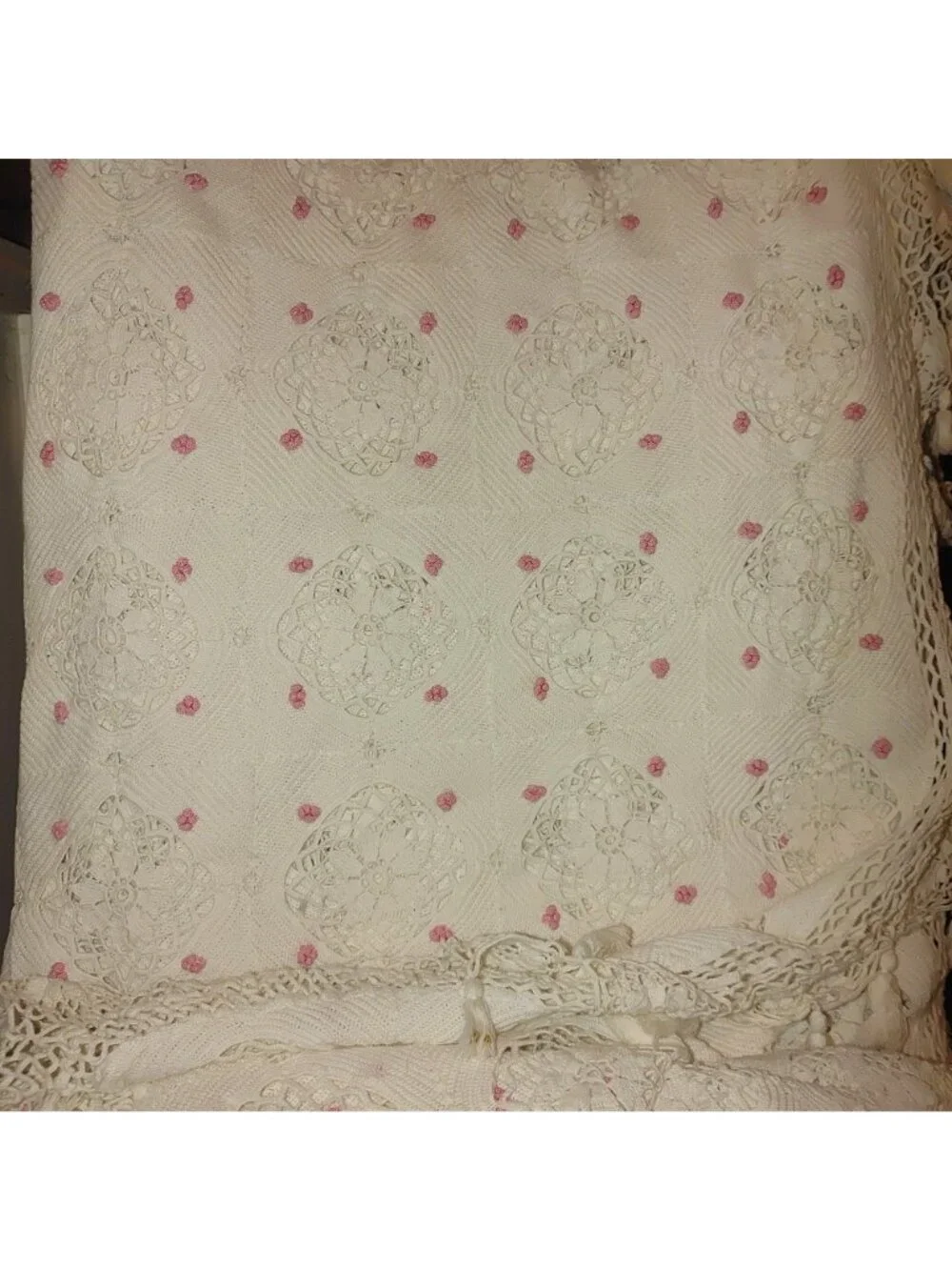 White Crochet King Bedspread Vintage Handmade Lattice Tassel Lace Floral Flower